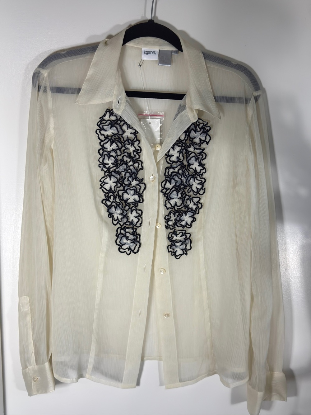 Together Ivory Sheer Button-Down Shirt with Black Floral Appliqué